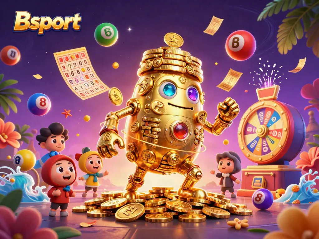 Engage with Bsport's dynamic casino scene featuring golden golem, vibrant prizes, and lively gaming elements.