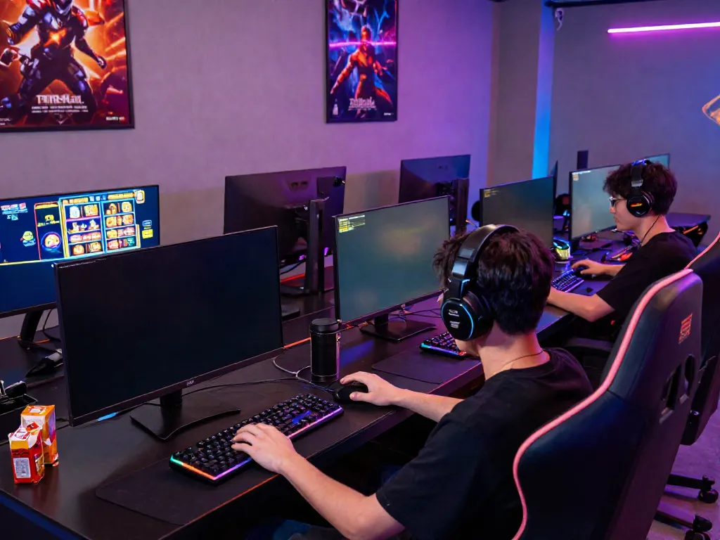 Player enjoying qqmacan games in a vibrant gaming setup with multiple screens.
