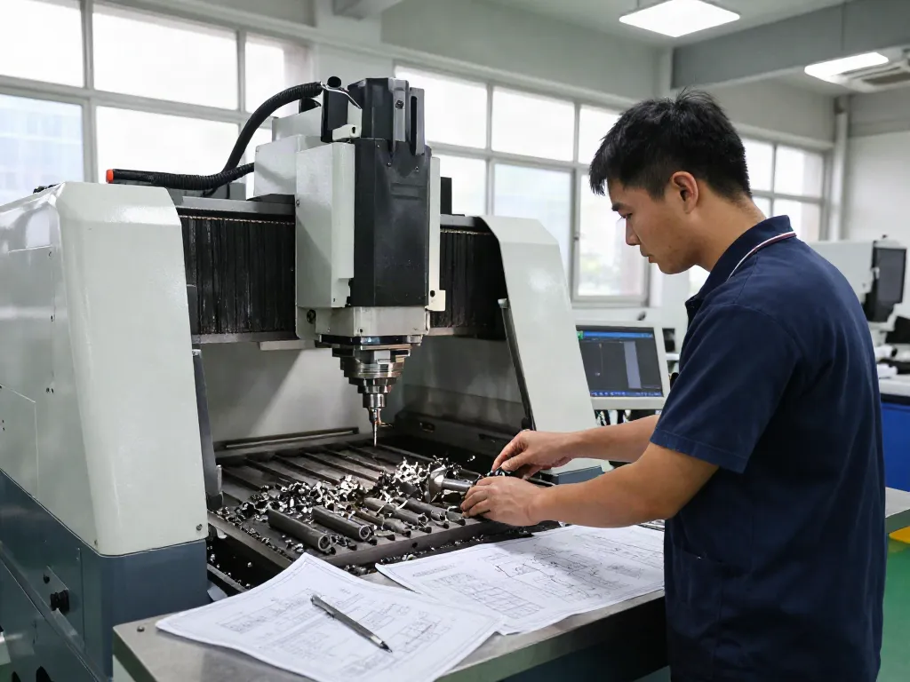 CNC machining parts manufacturer technician operating milling machine with precision tools and CAD drawings.