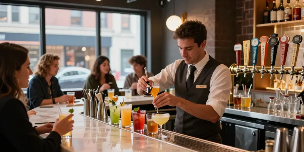 Suasana bar di The Keg Room NYC dengan bartender membuat koktail dan pengunjung menikmati minuman.