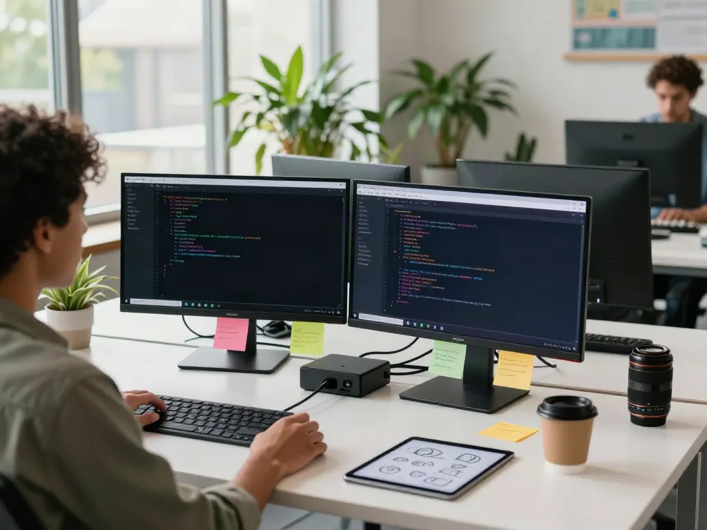 Brave browser interface displayed on dual monitors in a stylish co-working space