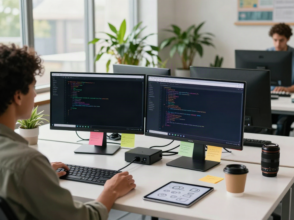 Brave browser interface displayed on dual monitors in a stylish co-working space