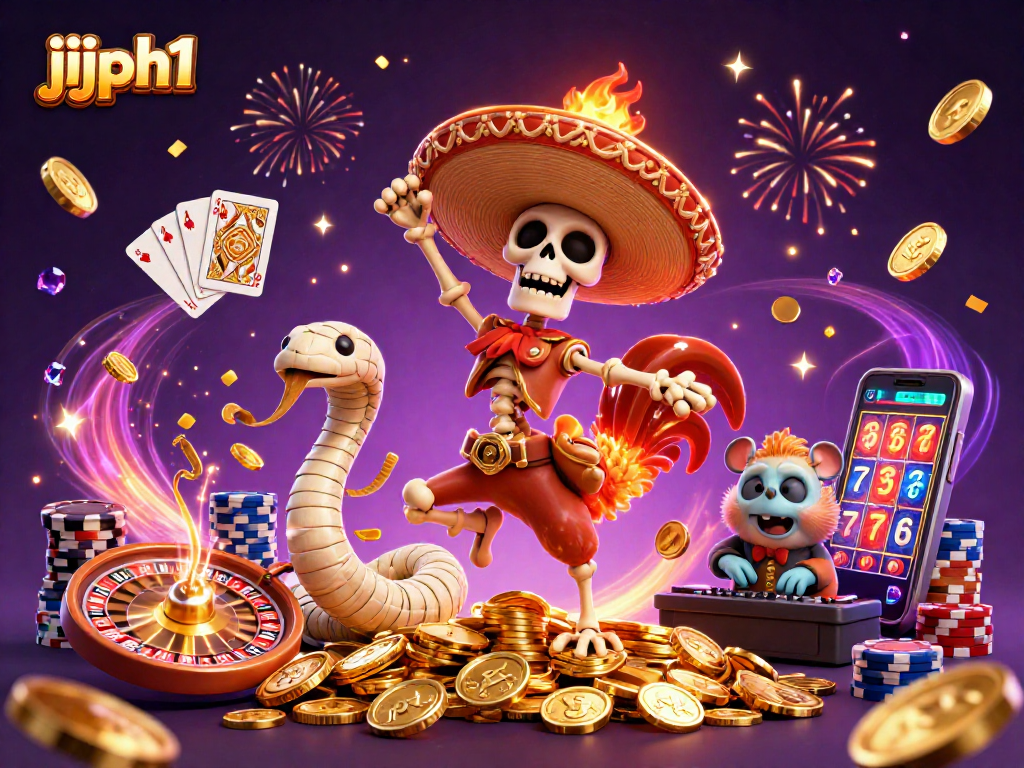 Engage with jjjph1's thrilling casino scene featuring vibrant characters and gold coins.