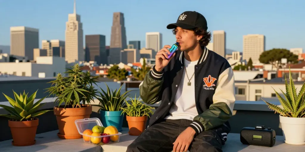 Urban lifestyle moment enjoying Alien Labs Disposable vape with city skyline background.