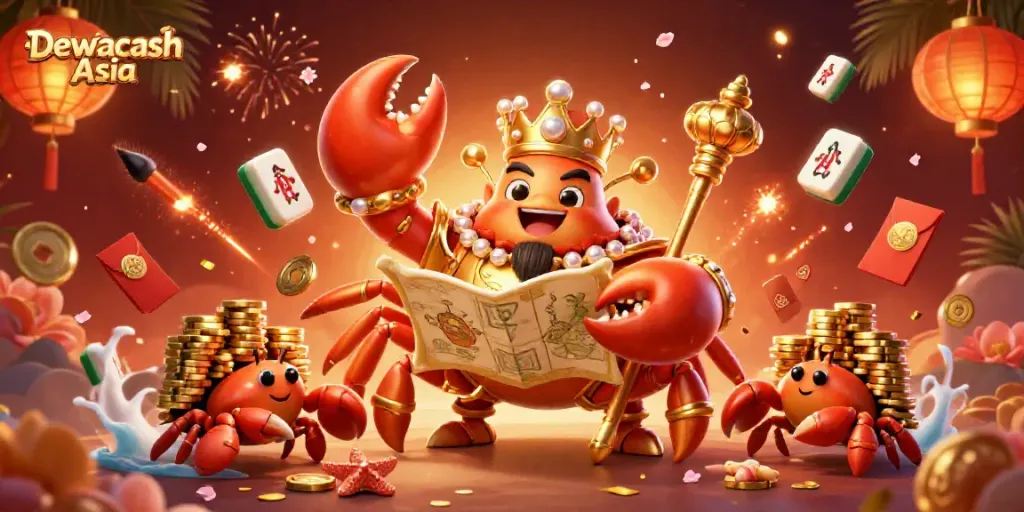 Dewacash Asia showcases a vibrant 3D crab emperor surrounded by gambling elements and joyful gaming ambiance.