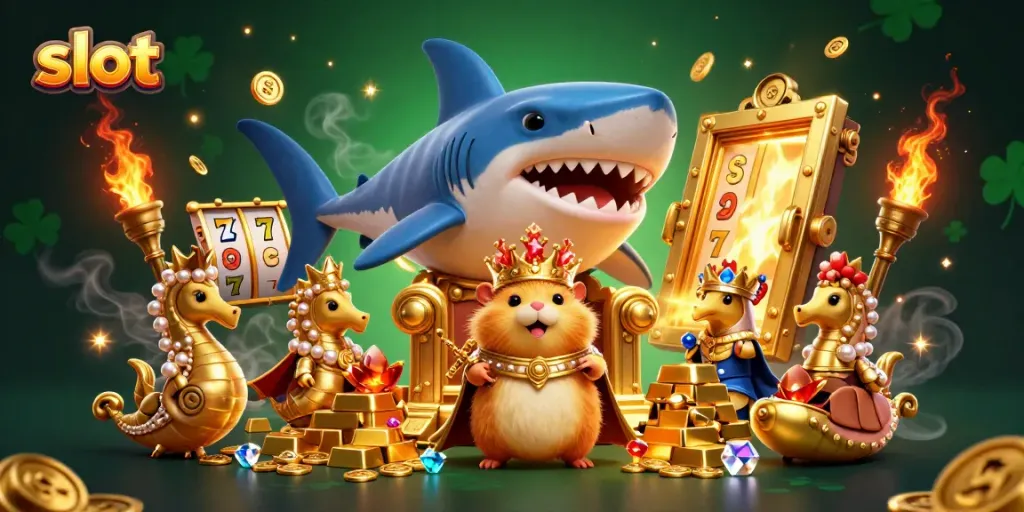 Engaging slot-themed 3D scene featuring a hamster king, seahorse guards, and treasure elements.
