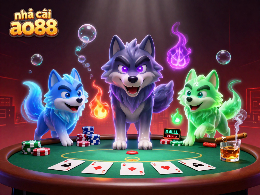 Engage with exciting poker action at nhà cái ao88 featuring wolf characters in a vibrant casino scene.