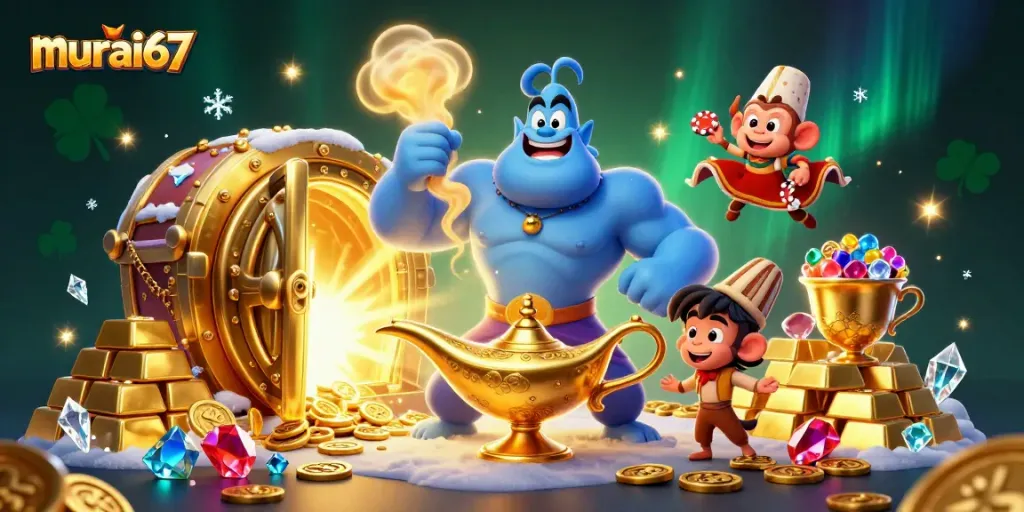 Experience the thrill of murai67 with a genie, monkey, and poker chips amid treasure!