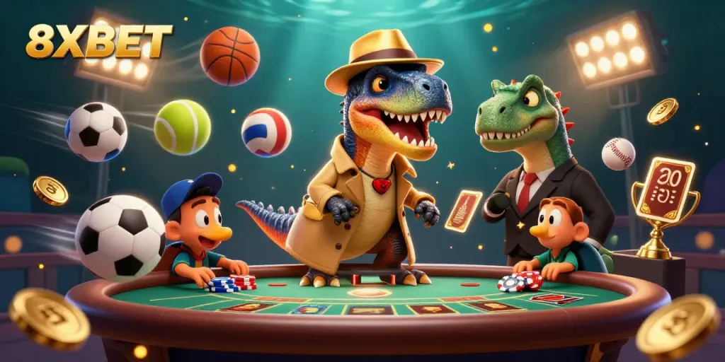 Engage in thrilling action with 8XBET's cartoon velociraptor gamblers under sparkling lights.