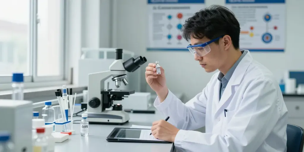 Buy cjc no dac ipa research compound in a professional lab setup, showcasing a researcher analyzing peptides.