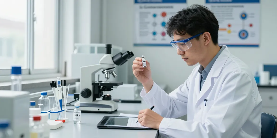 Buy cjc no dac ipa research compound in a professional lab setup, showcasing a researcher analyzing peptides.
