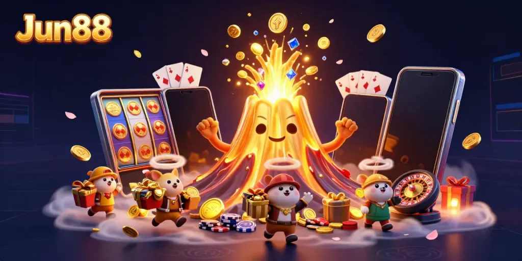 Experience thrilling wins at Jun88 with an erupting volcano of coins and treasures.