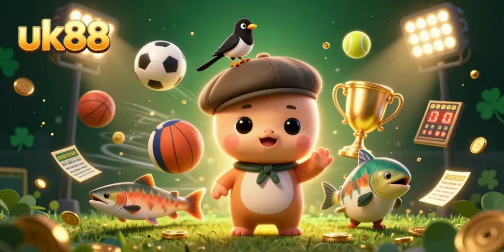 Join the excitement at uk88 with playful characters in a vibrant casino scene featuring dynamic sports elements.