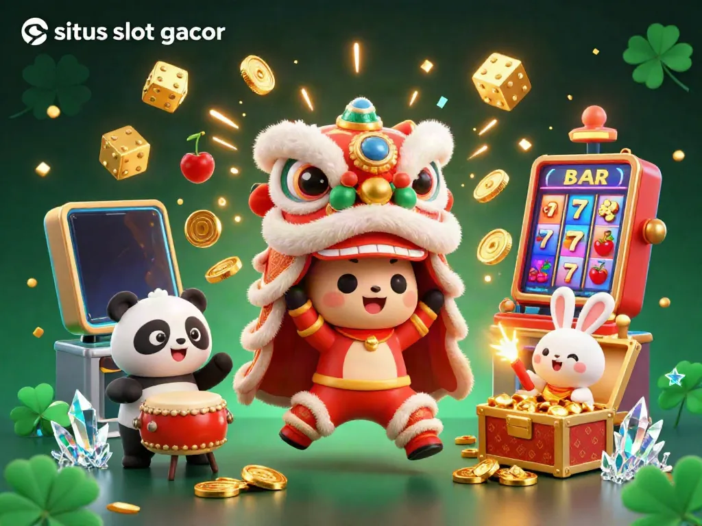 This lively illustration showcases a situs slot gacor theme with a lion dance, drumming panda, and slot elements bursting with jackpots and coins.