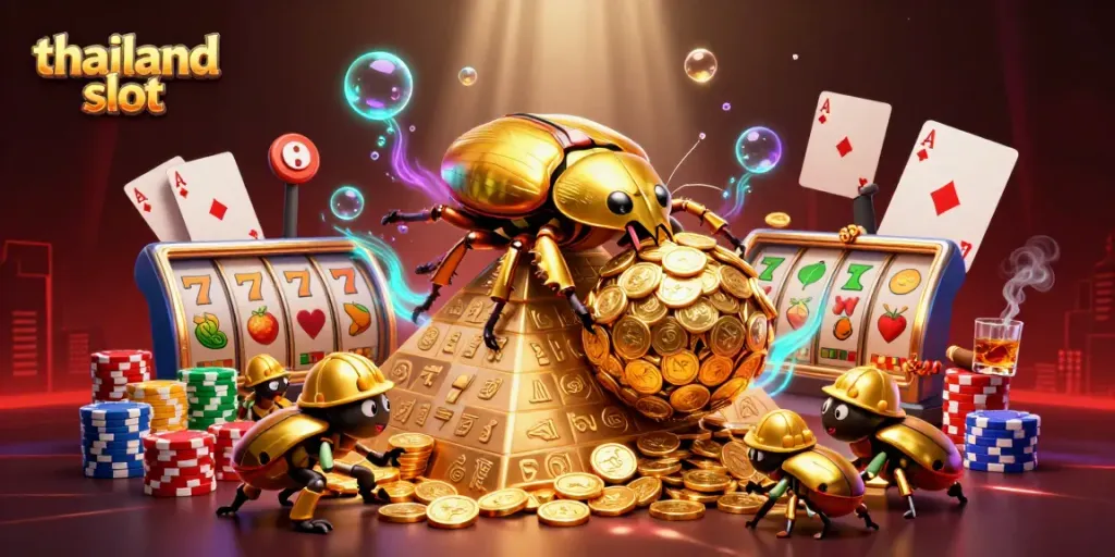 Spin the thailand slot reels surrounded by golden coin beetles in a vibrant casino scene.